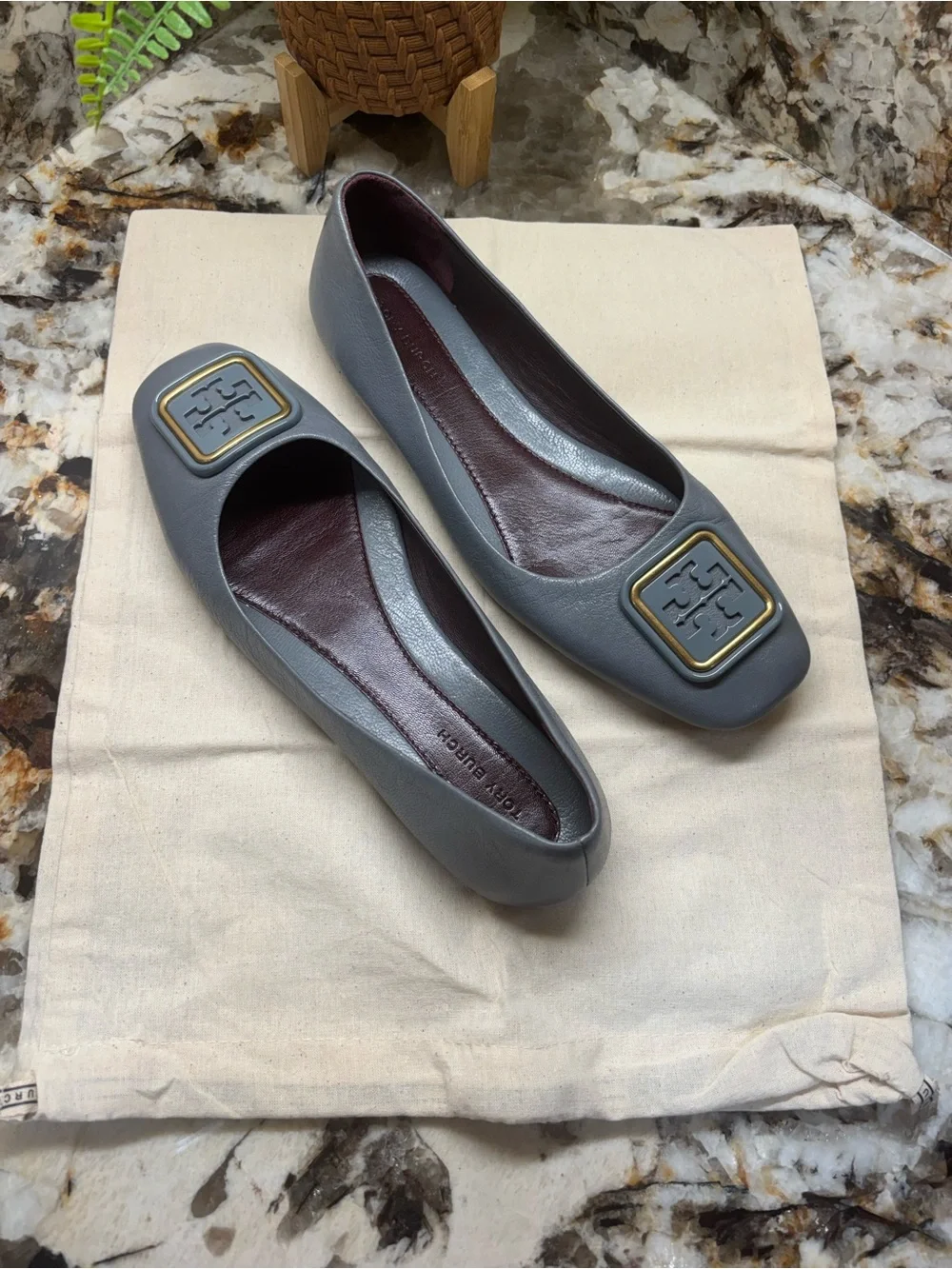 Tory Burch Gray Leather Logo Ballet Flats with Gold-Tone Accent